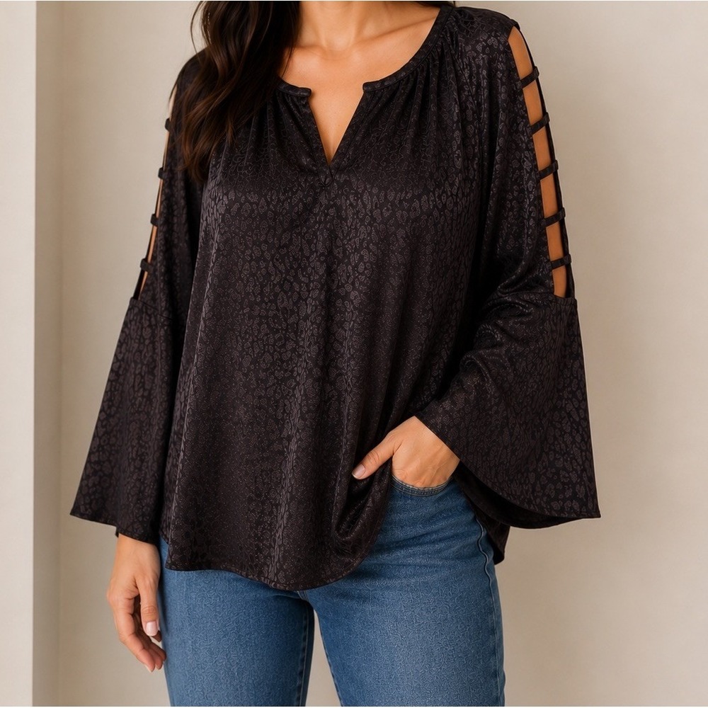 Jennifer Lopez Womens Black Satin Leopard Top XL Cold Shoulder Sleeve Blouse Y2K
